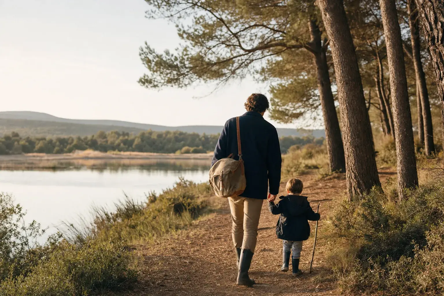 Parent et enfant sur un chemin bordé de pins au bord de l’étang, à Marignane