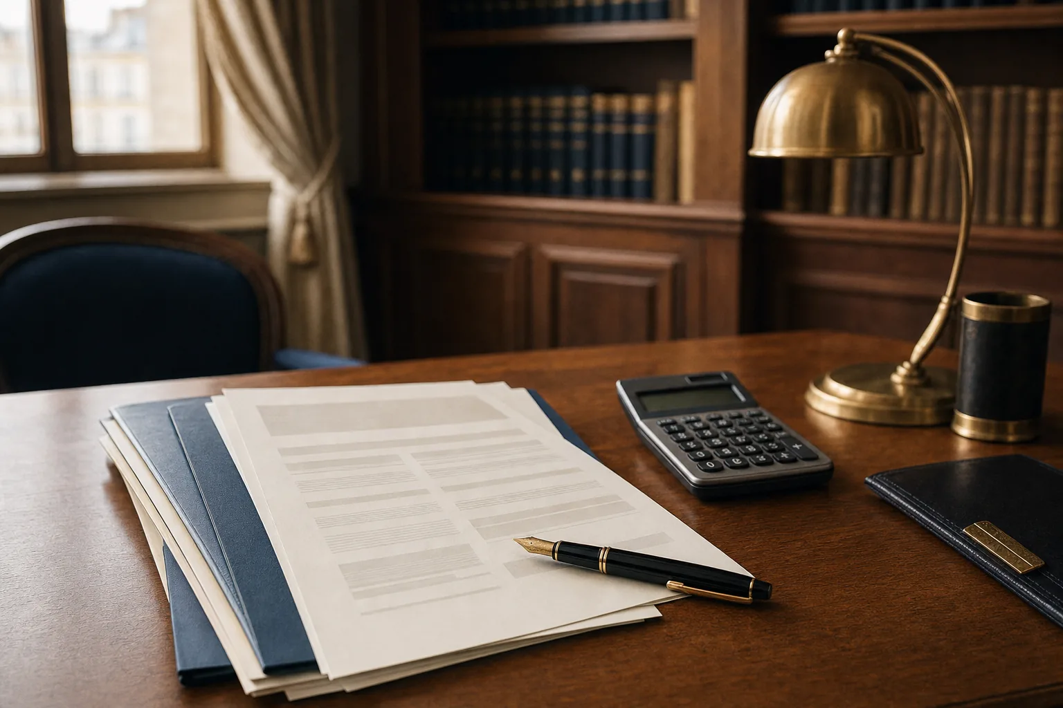 Convention d’honoraires et calculatrice sur le bureau de l’avocate