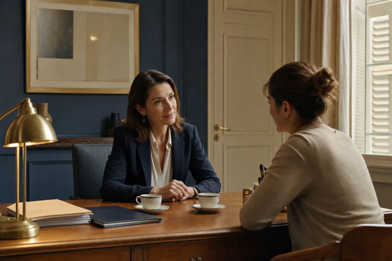 Femme reçue par une avocate dans un bureau calme, entretien de protection