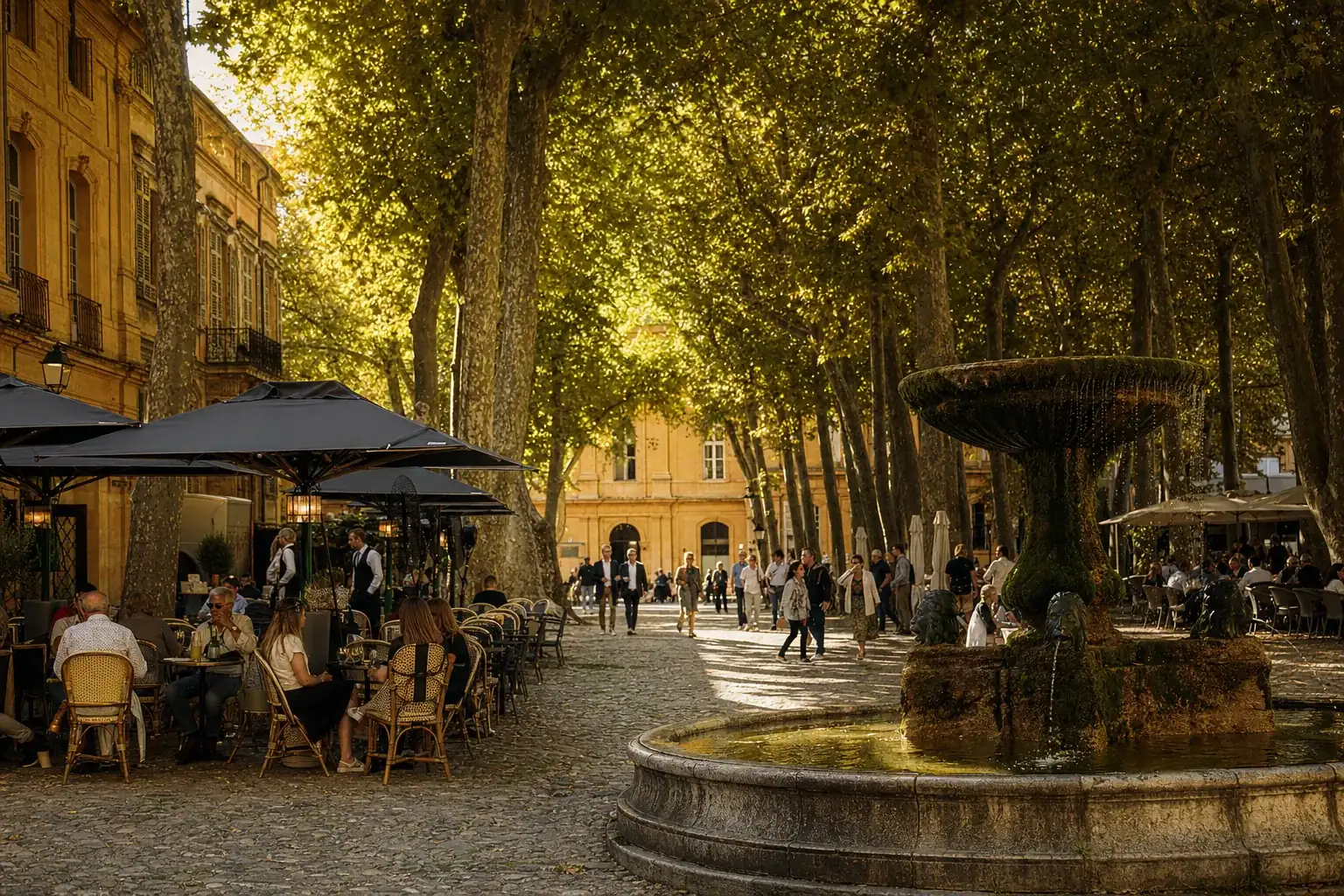 Cours planté de platanes et façades ocre à Aix-en-Provence