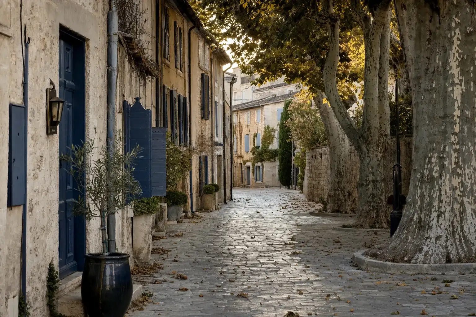 Ruelle pavée et volets bleus dans le centre d’Arles